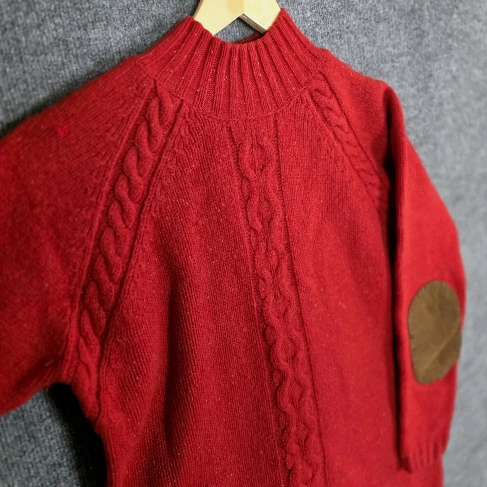 Vintage Lands' End Sweater Womens L Red Lambswool Cable Knit Suede Elbow Patches - Picture 3 of 9